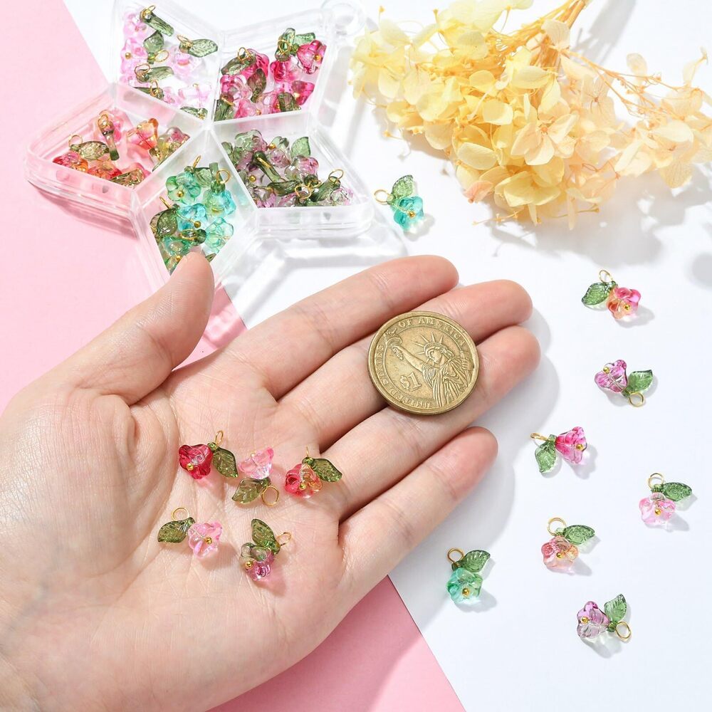 5398 50pcs 5 Colors Trumpet Flower Glass Charms Floral Leaf Transparent - Picture 3 of 9